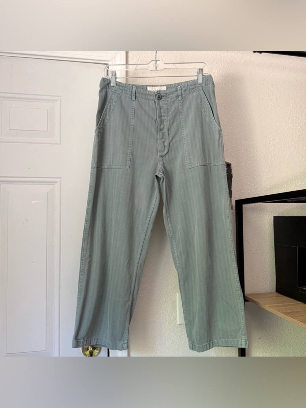 THE GREAT. dusty blue green‎ grey cotton striped cropped straight leg pants